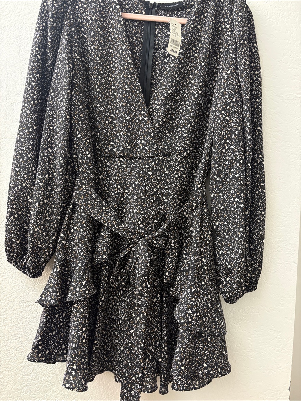 Triple 7 Black and White Floral Long-Sleeve Tiered Mini Dress